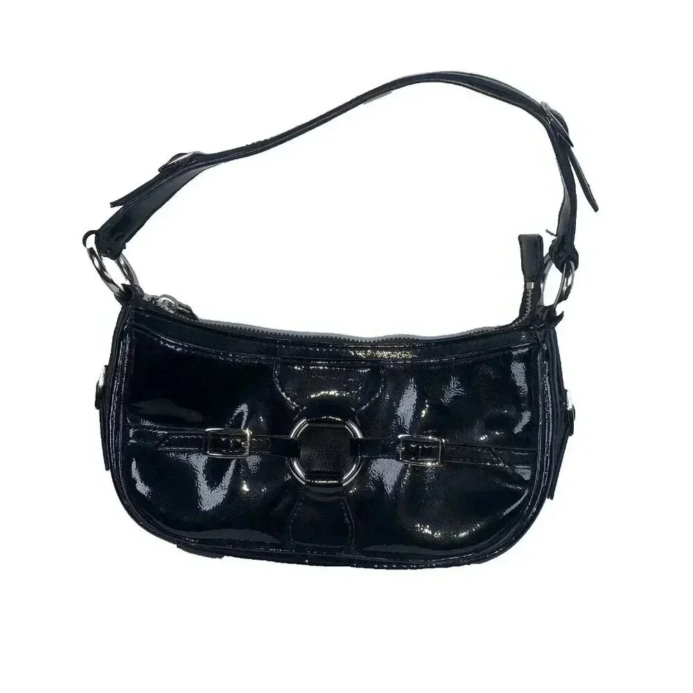 Vintage BCBG Paris Patent‎ Leather Purse Crescent Large O Ring Y2K